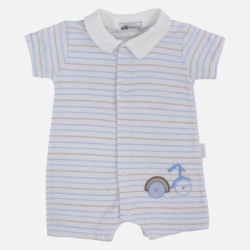 Baby Boys Cotton Romper – Striped with Bicycle Print
