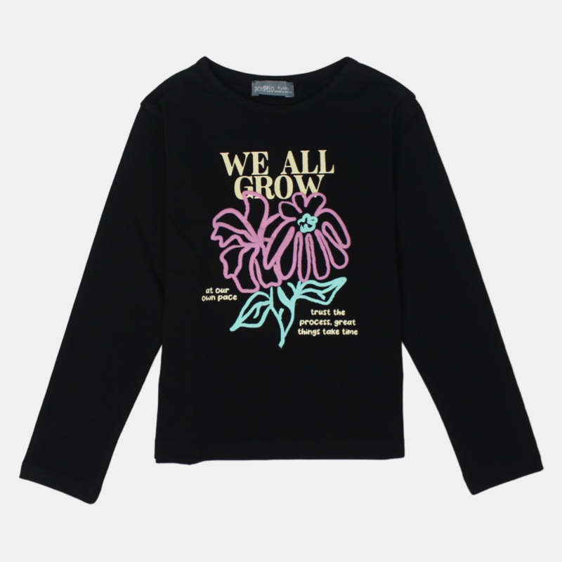 Girls Black Cotton Long-Sleeved T-Shirt