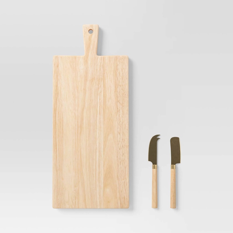 3pc 19.35″x8″ Rubberwood Rectangle Serving Board with Brass Cheese Tools Brown – Threshold: Charcuterie Platter Set