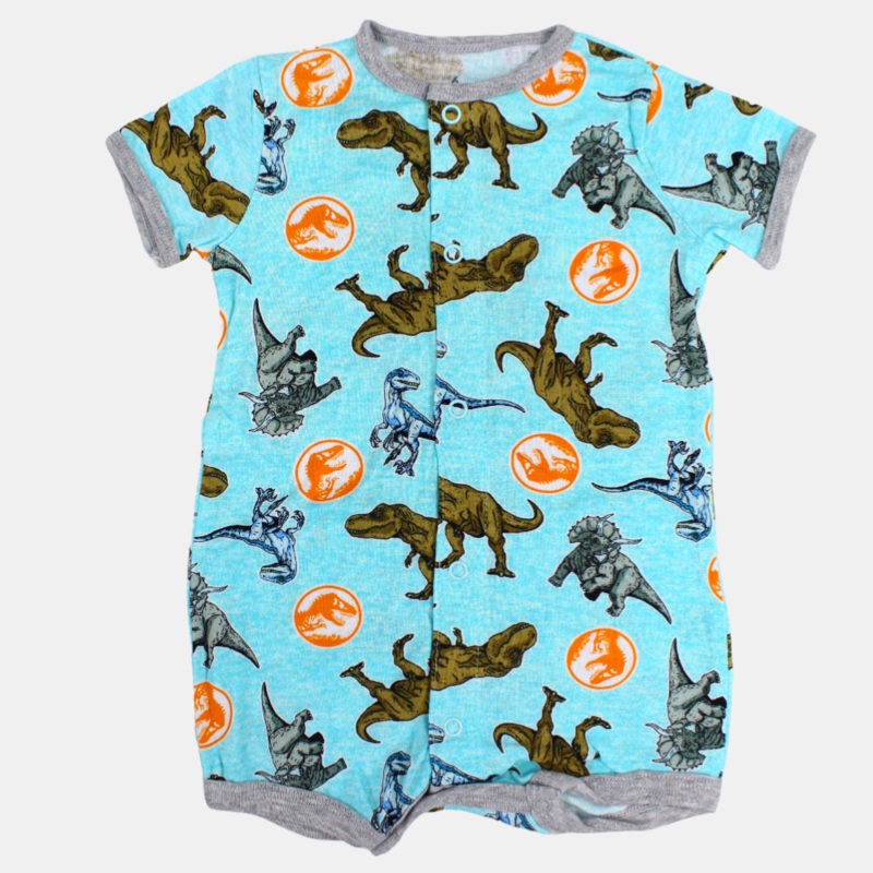 Baby Boys Cotton Romper  Aqua with Dinosaurs Print