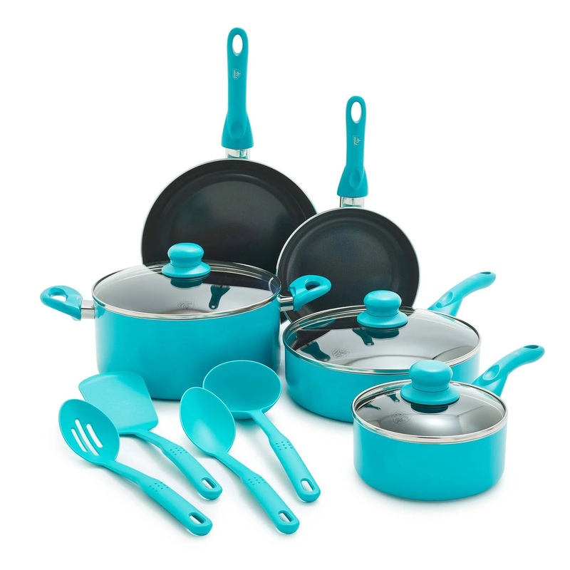 Essentials 12pc Ceramic Nonstick Aluminum Cookware Set Caribbean Blue