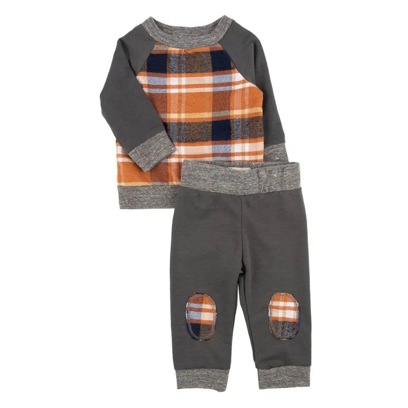 Miki Miette – Long Sleeve Tee + Pant Set – Grey + Plaid