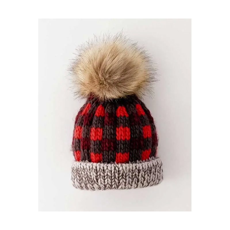 Huggalugs Red Buffalo Check Pom Pom Beanie
