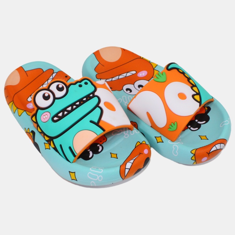 Boys Rubber Slides  Orange & Aqua with Dinosaur Design