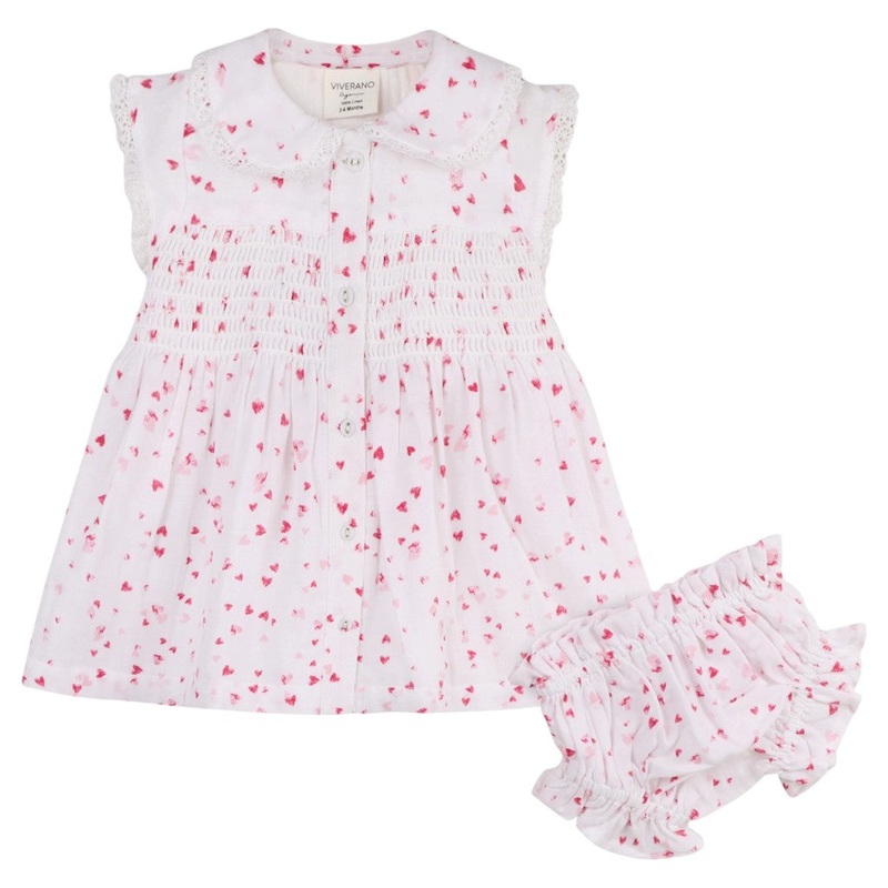 Smocked Baby Dress and Bloomer Nora Fluttering Hearts