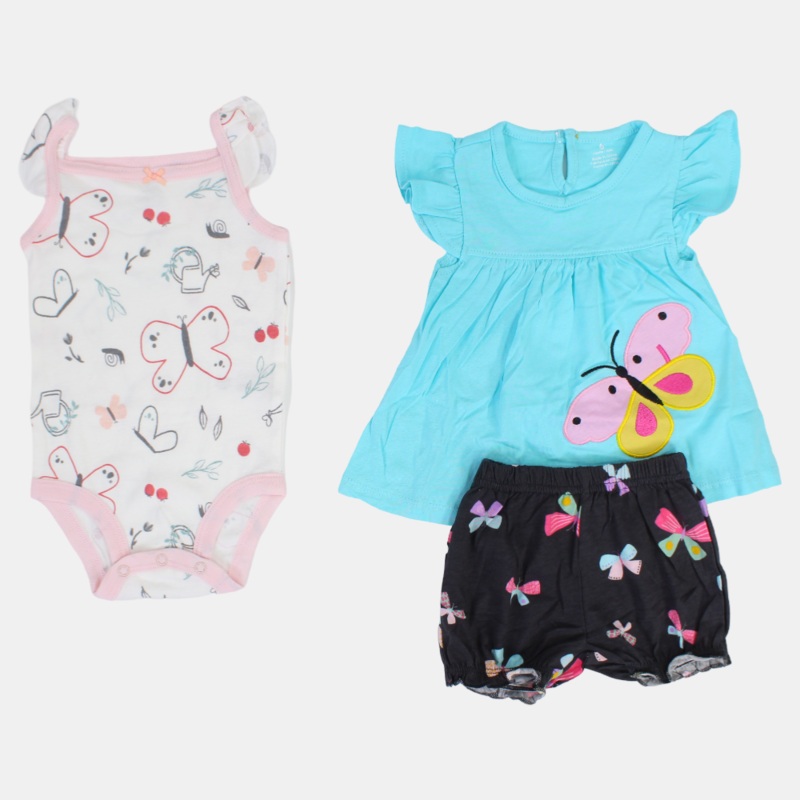 Baby Girls Cotton 3-Piece Outfit Set  Aqua with Butterfly Design