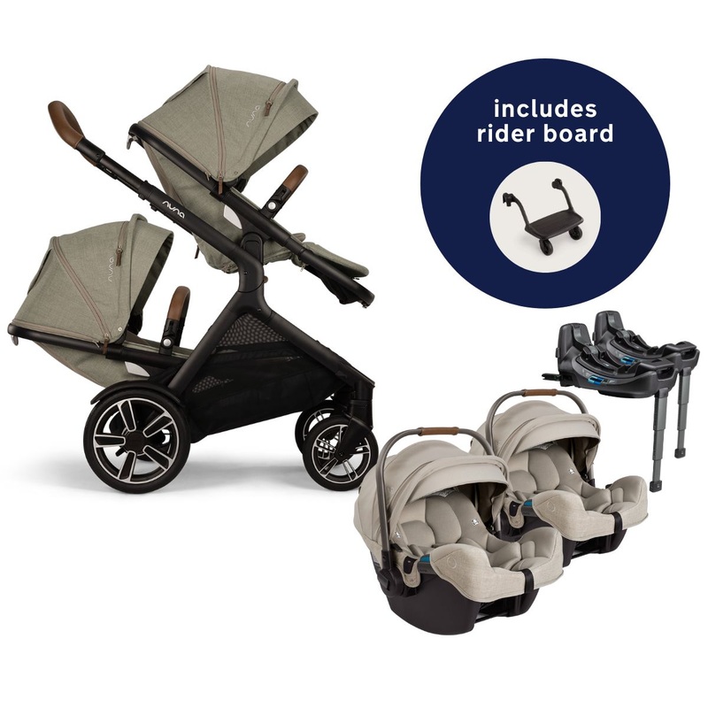 Nuna DEMI Next Twin Double Stroller with Rider Board + PIPA RX Travel System Bundle – Hazelwood