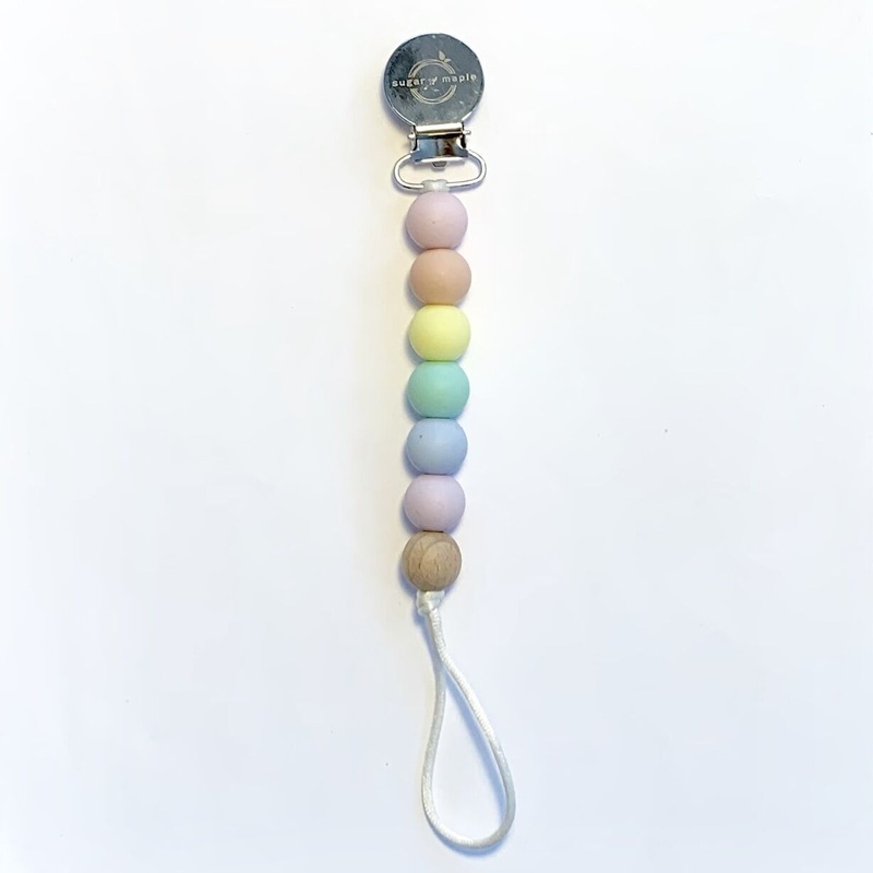 Sugar + Maple Pacifier + Teether Clip- Silicone with 1 Beechwood Bead – Rainbow Pastel