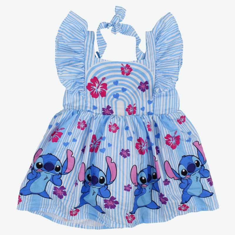 Girls Cotton Dress  Light Blue with Stitch Print
