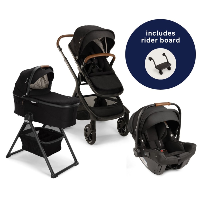 Nuna DEMI Next Stroller with Rider Board + DEMI Grow Bassinet with Stand + PIPA urbn Travel System Bundle – Caviar