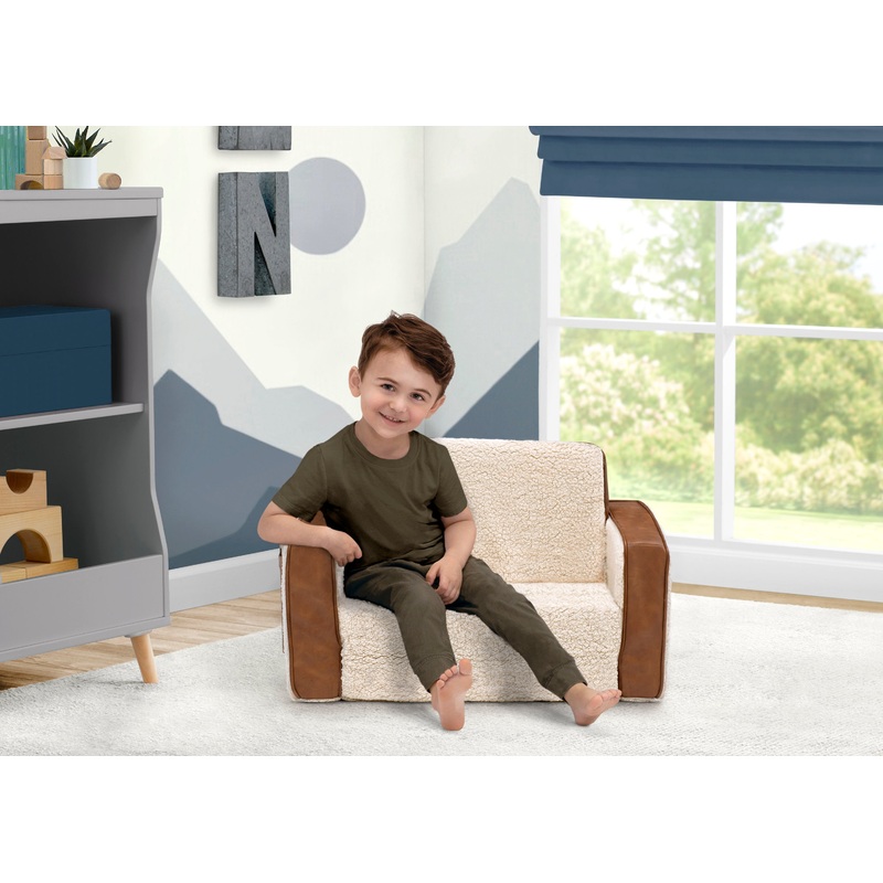 Cozee Flip-Out Sherpa and Leather 2-in-1 Convertible Chair to Lounger for Kids