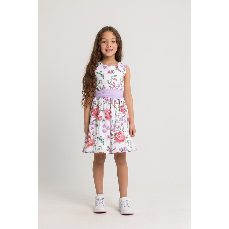 Girls Cotton Dress Off White Printed