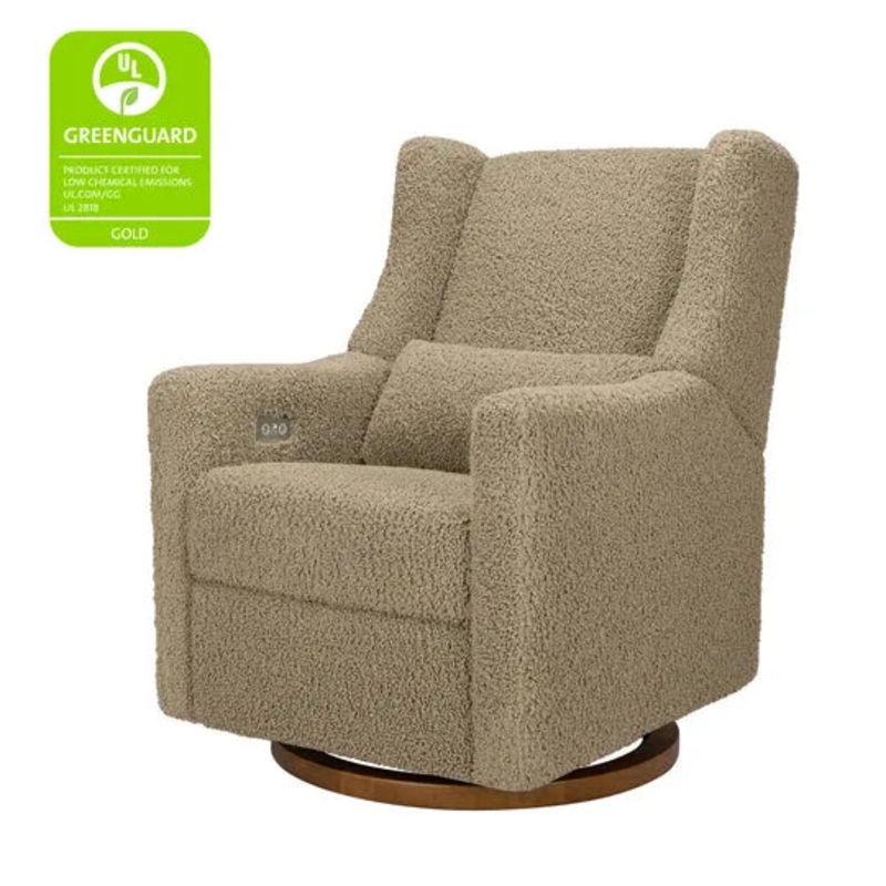 Kiwi Glider Recliner w/ Electronic Control and USB – Latte Teddy Loop w/ Dark Wood Base