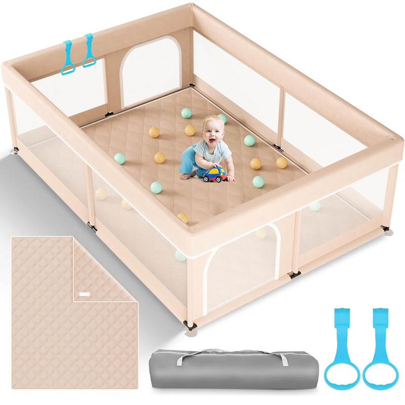 Omzer Baby Playpen with Mat, Beige, 71″x59″