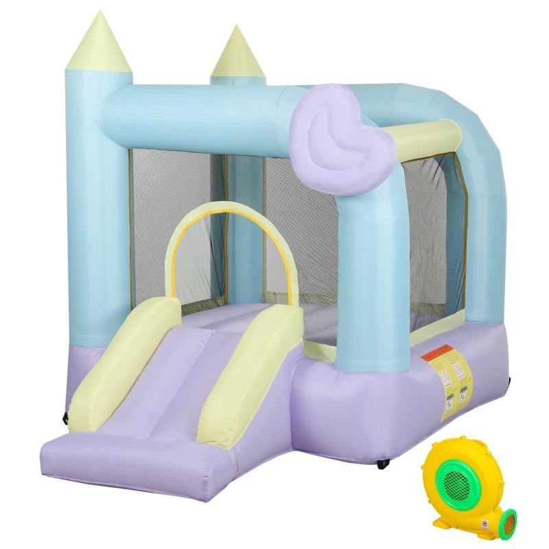 Qaba Inflatable Bounce House with Air Blower, Slide, Stakes, Repair Patches, Storage Bag, for Kids Ages 3-8, 98″ x 65″ x 79″