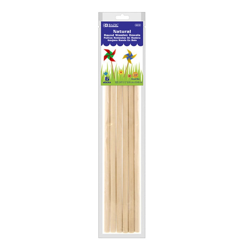 BAZIC 3/8″ x 12″ Round Natural Wooden Dowel (6/Bag)