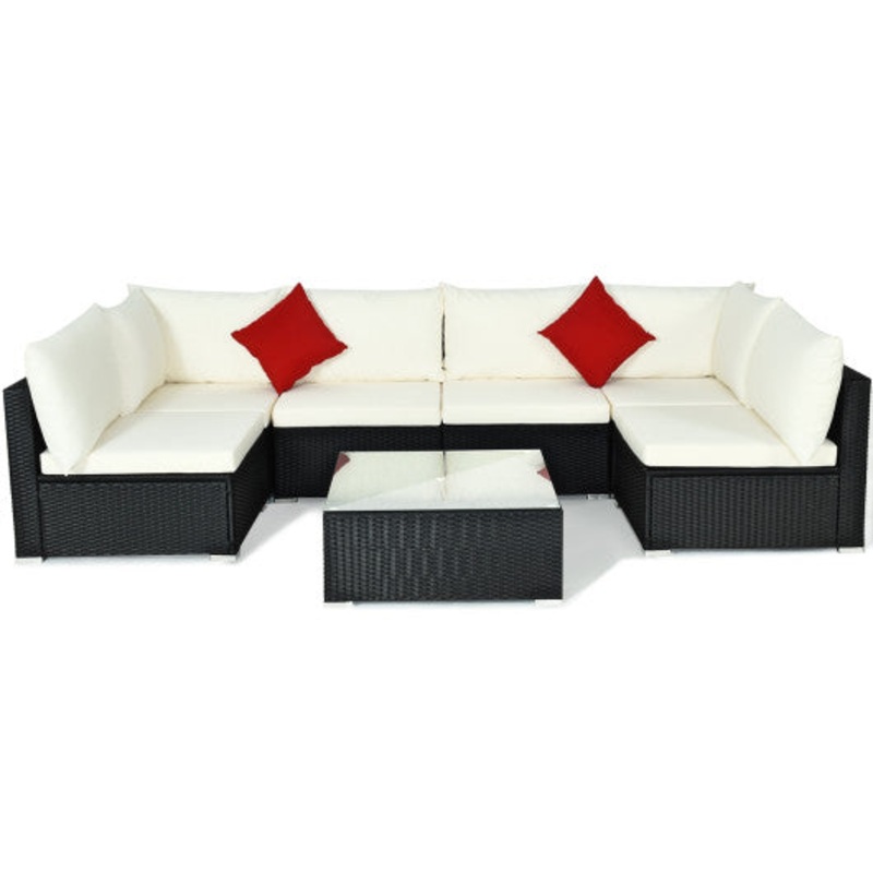 7-Piece Outdoor Sectional Wicker Patio Sofa Set With Tempered Glass Top-Beige
