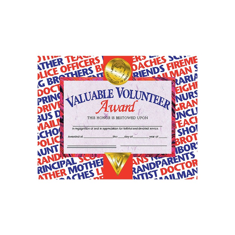 Valuable Volunteer Award Certificate, 8.5″ x 11″ – Pack of 30