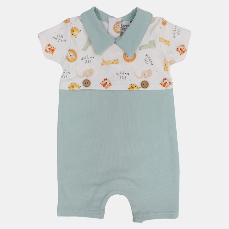 Baby Boys Cotton Romper  Off-White & Mint with Animal Print