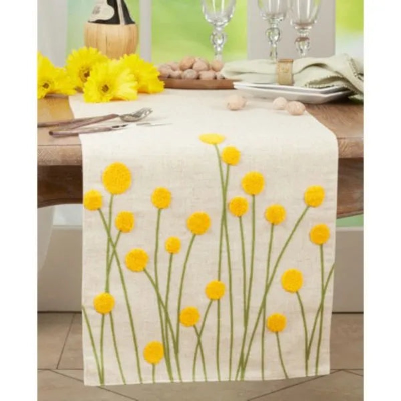 830.N1670B 16 X 70 in. Embroidered Flowers Table Runner, Natural