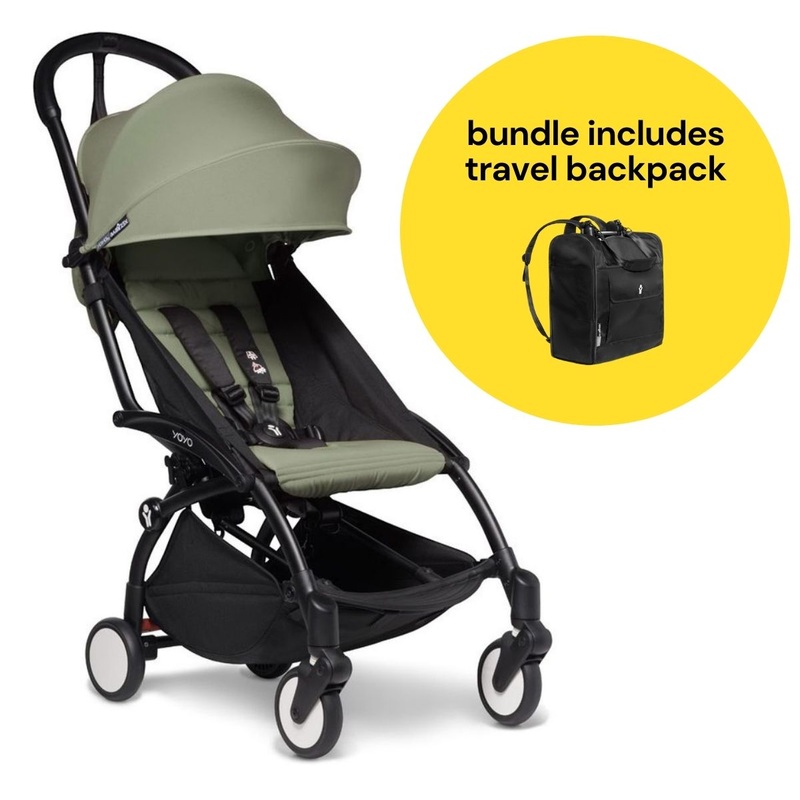 Babyzen YOYO2 Ultra Compact 6+ Stroller + Travel Backpack Bundle – Black / Olive