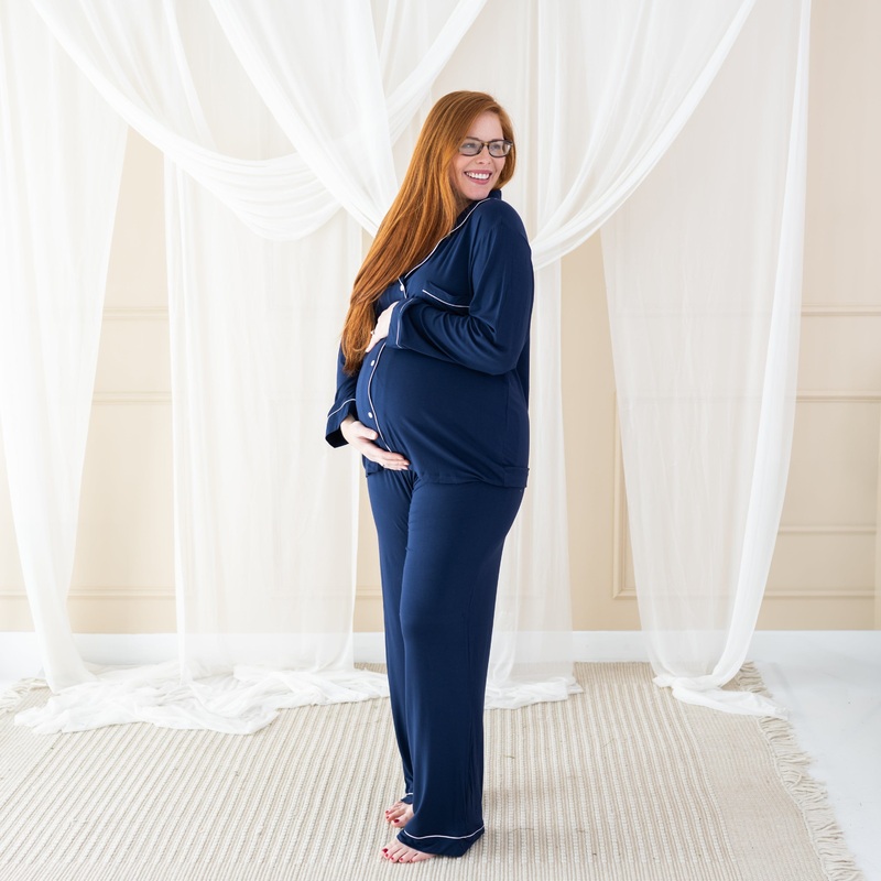 Women’s Long Sleeve Pajama Set in Navy with Cloud Trim