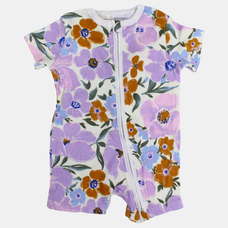 Baby Girls Cotton Romper  Purple with Floral Print