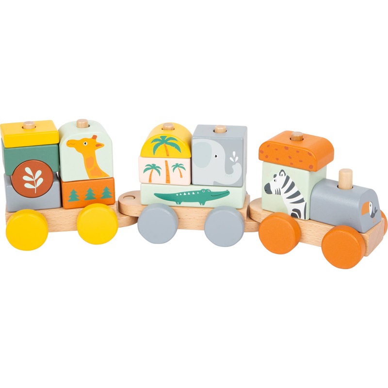 Small Foot – Wooden “Safari” 3 Carriage Train & Blocks Pull Along Toy