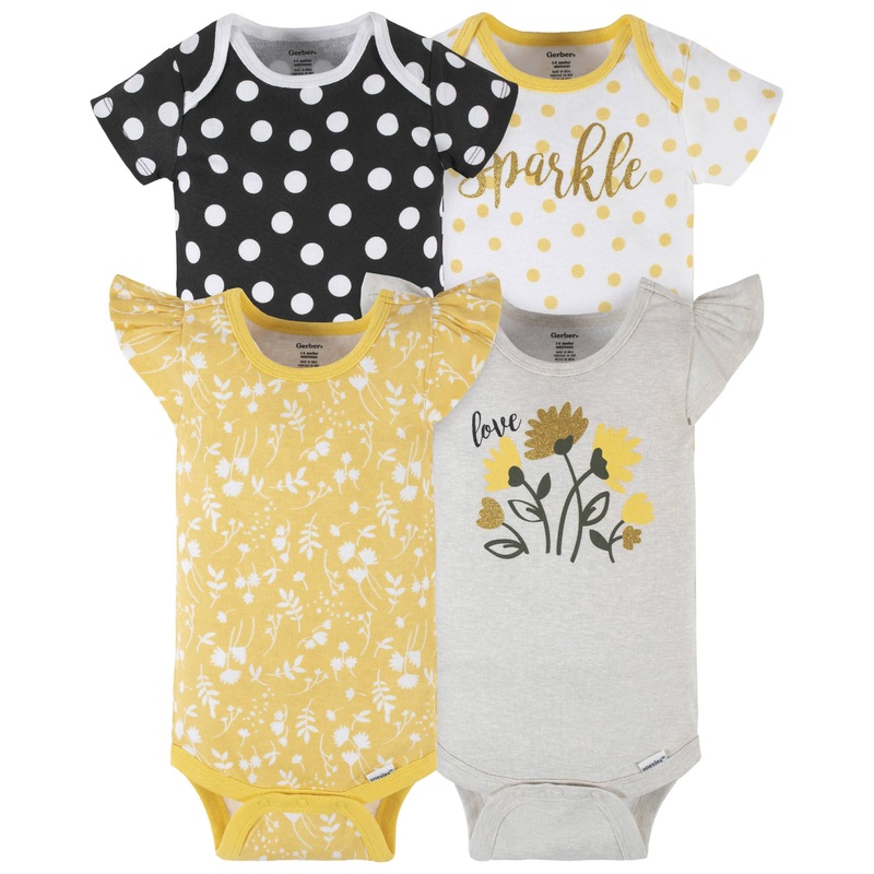 4-Pack Baby Girls Yellow Garden Short Sleeve Onesies Bodysuits