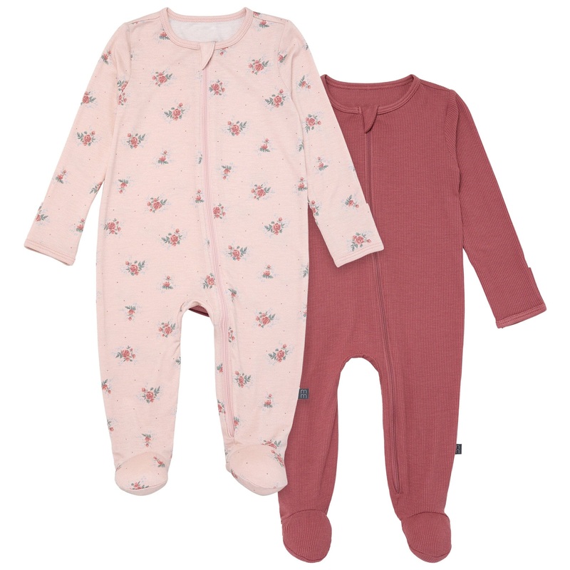 2-Pack Baby Girls Pink Roses Sleep ‘N Plays With Mitten Cuffs