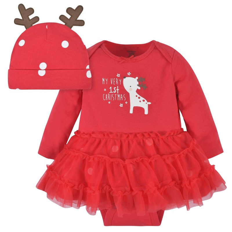 2-Piece Baby Girls Reindeer Skirted Onesies Bodysuit & Cap