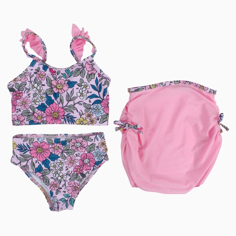 Girls 3-Piece Swimsuit  Pink with Floral Print