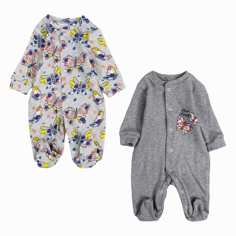 Baby Girls Cotton Baby Footie  Grey with Butterfly Print (2Pack)