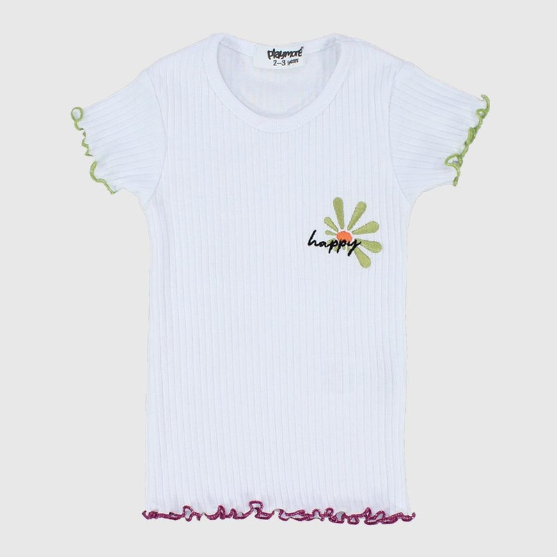 “Happy Sun” White Ribbed Short-Sleeved T-Shirt