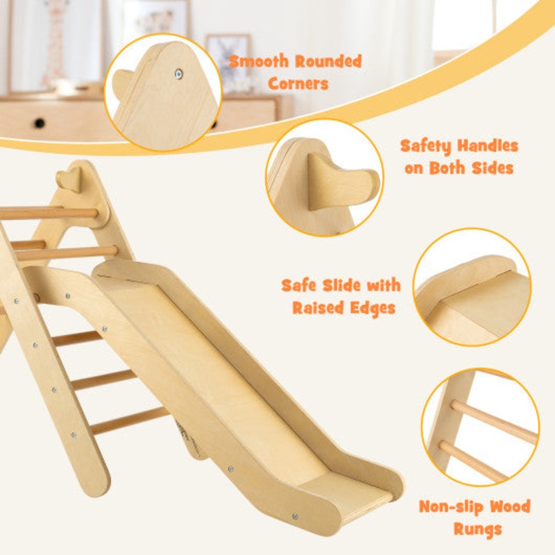 2-in-1 Wooden Triangle Climber Set With Gradient Adjustable Slide-Natural