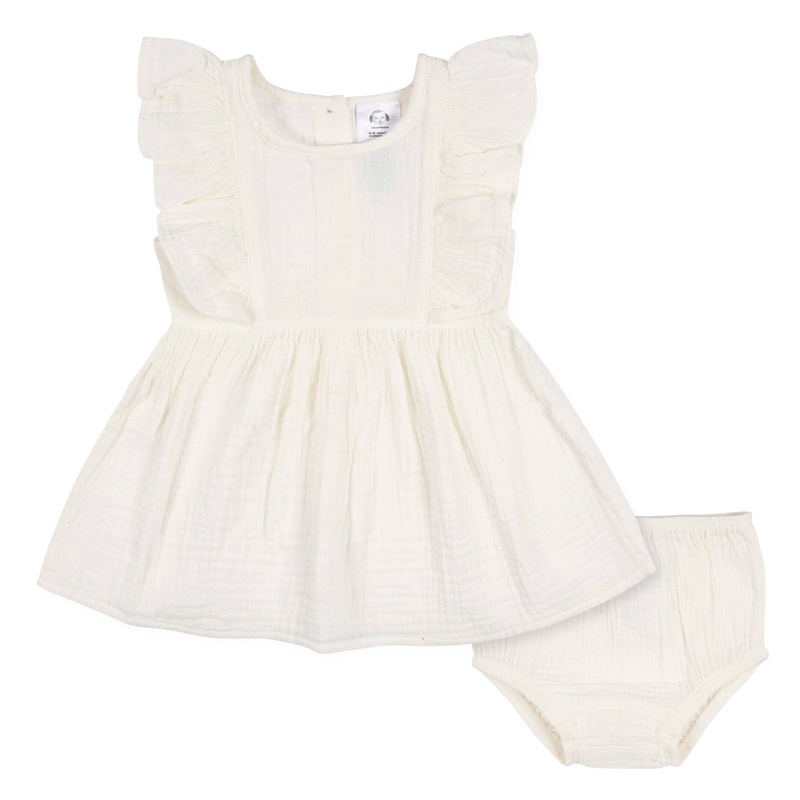 2-Piece Toddler Girls Ivory Gauze Dress & Diaper Cover Set