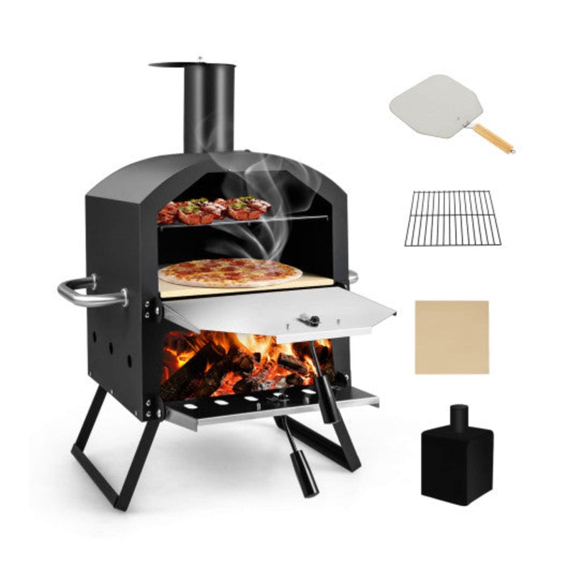 Outdoor Pizza Oven With Anti-Scalding Handles and Foldable Legs-Black