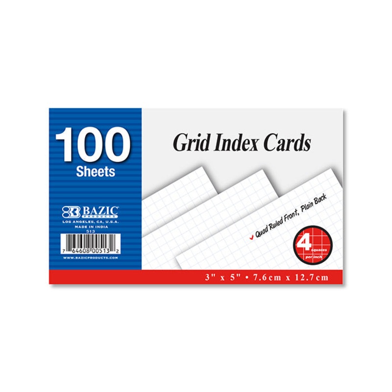 BAZIC 100 Ct. 3″ X 5″ Quad Ruled 4-1″ White Index Card