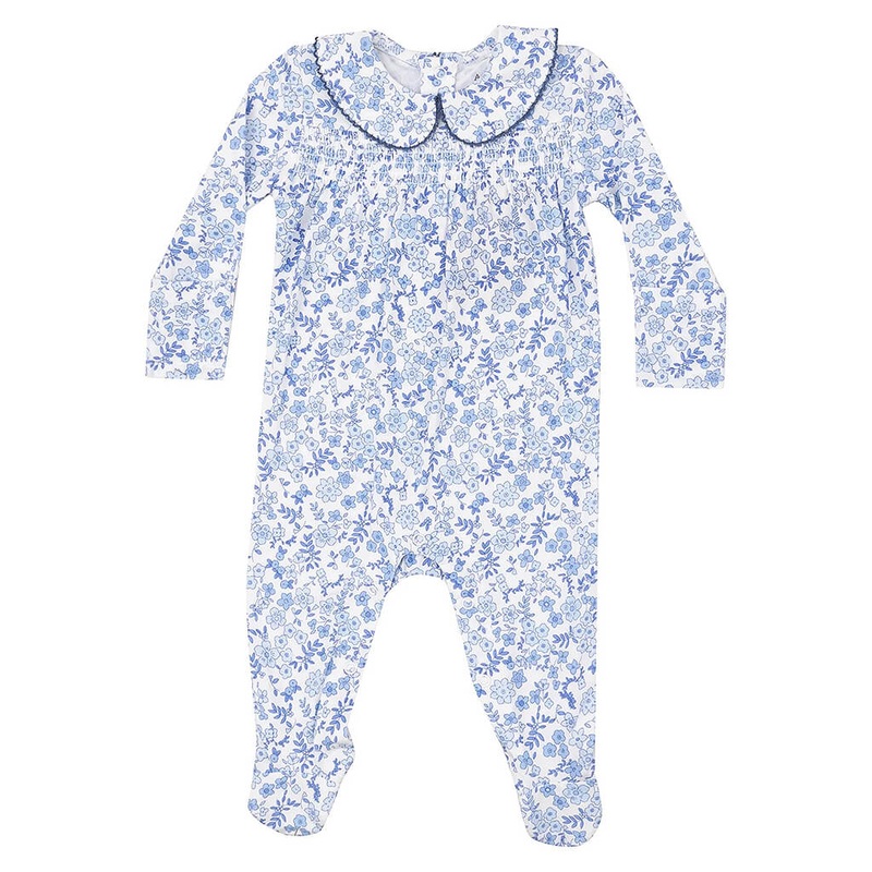 Smocked Peter Pan Footie Blue Calico Floral