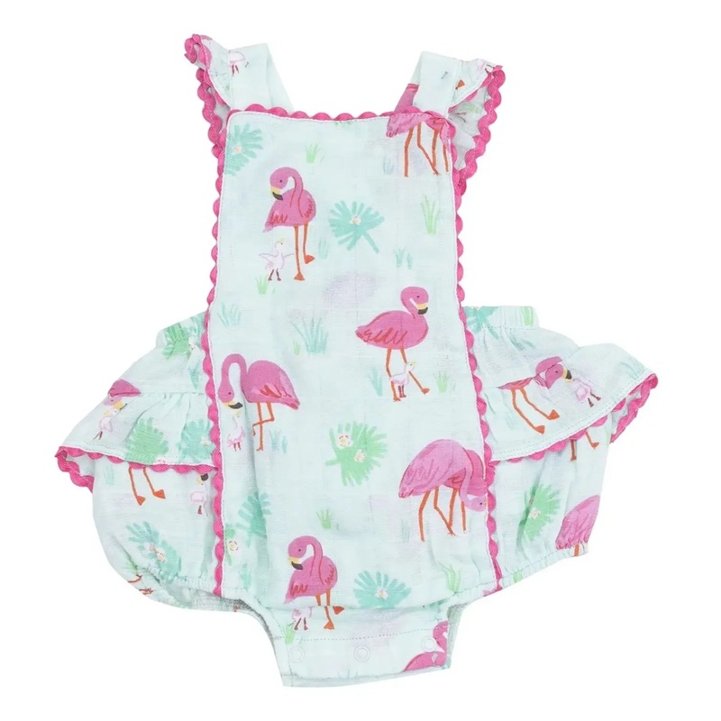 Angel Dear – Organic Ric-Rac Ruffle Sunsuit – Flamingos
