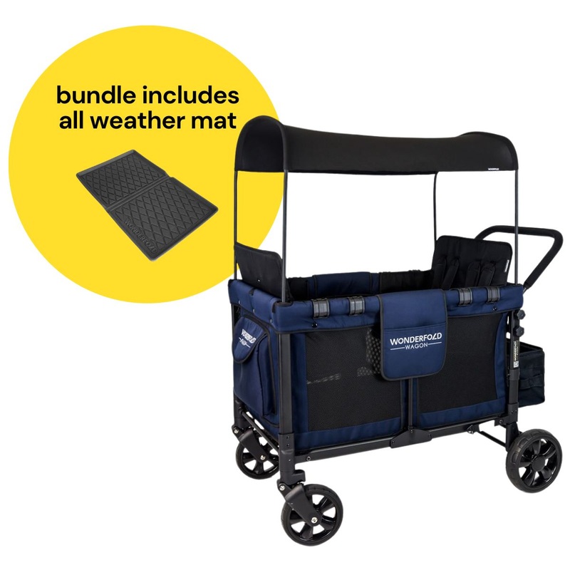 WonderFold W4 Original Quad (4 Seater) Stroller Wagon + All Weather Mat Bundle – Navy