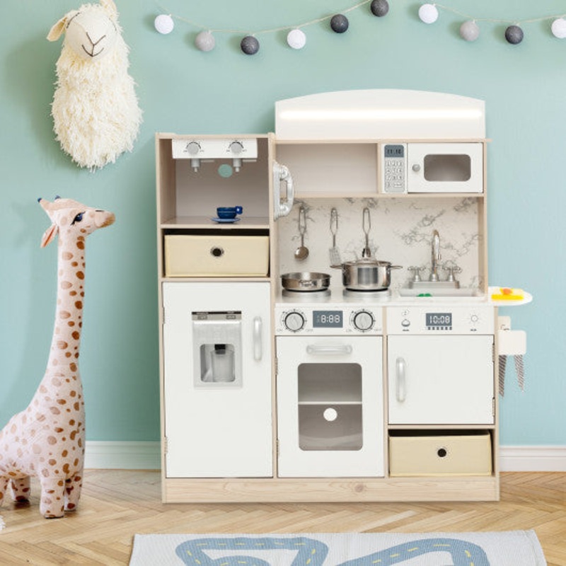 Kids Kitchen Playset With Adjustable LED Lights Removable Fabric Bins-White