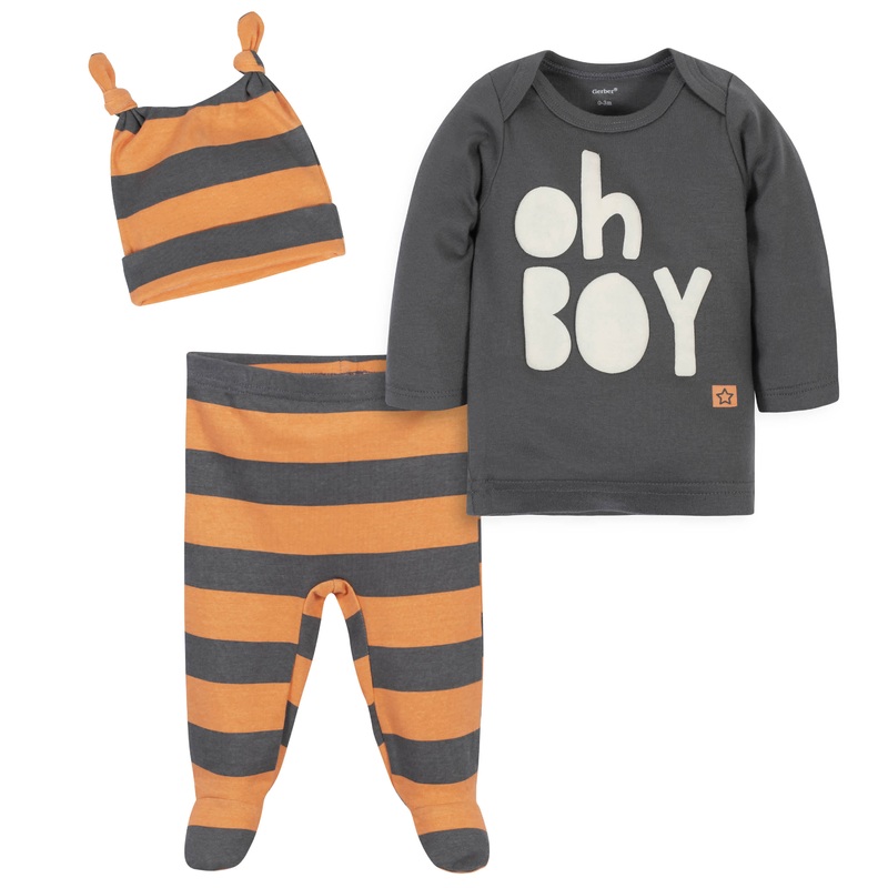 3-Piece Baby Boys Comfy Stretch “Oh Boy” Shirt, Footed Pant and Cap Set