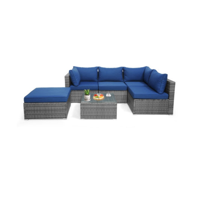 6 Pieces Outdoor Rattan Sofa Set With Seat and Back Cushions-Navy