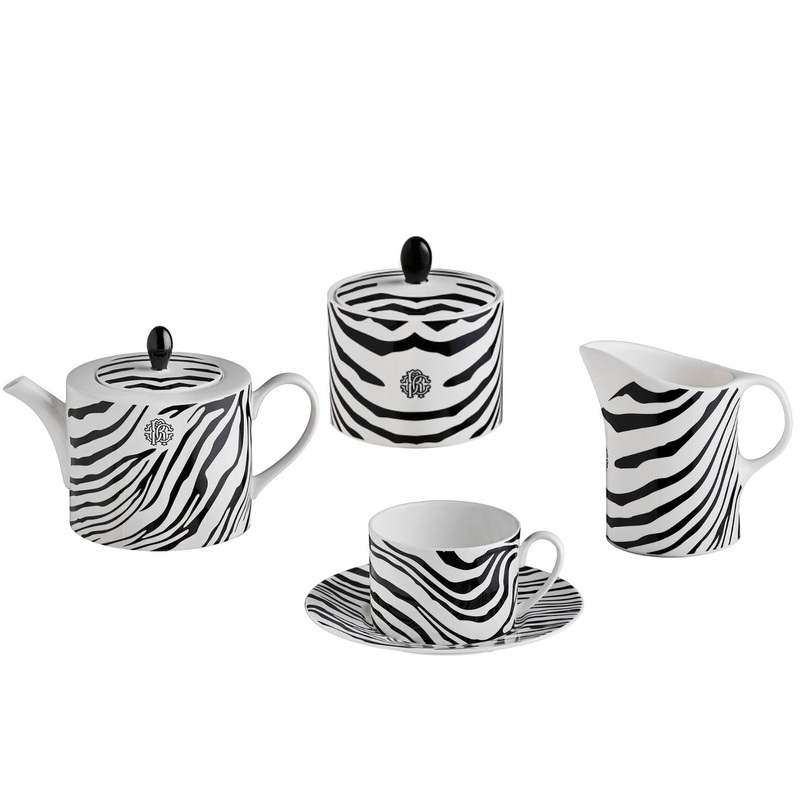 Roberto Cavalli Home Zebra Tea Cup and Saucer, Creamer, Tea Pot, and Sugar Pot Bundle