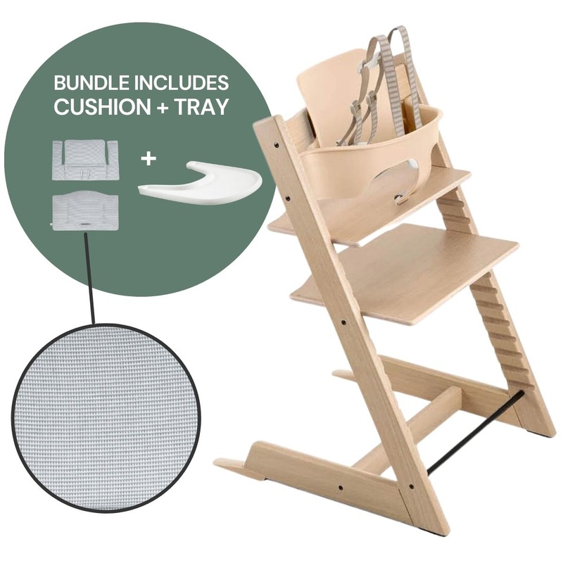 Tripp Trapp High Chair and Cushion with Stokke Tray — Oak Natural / Nordic Blue