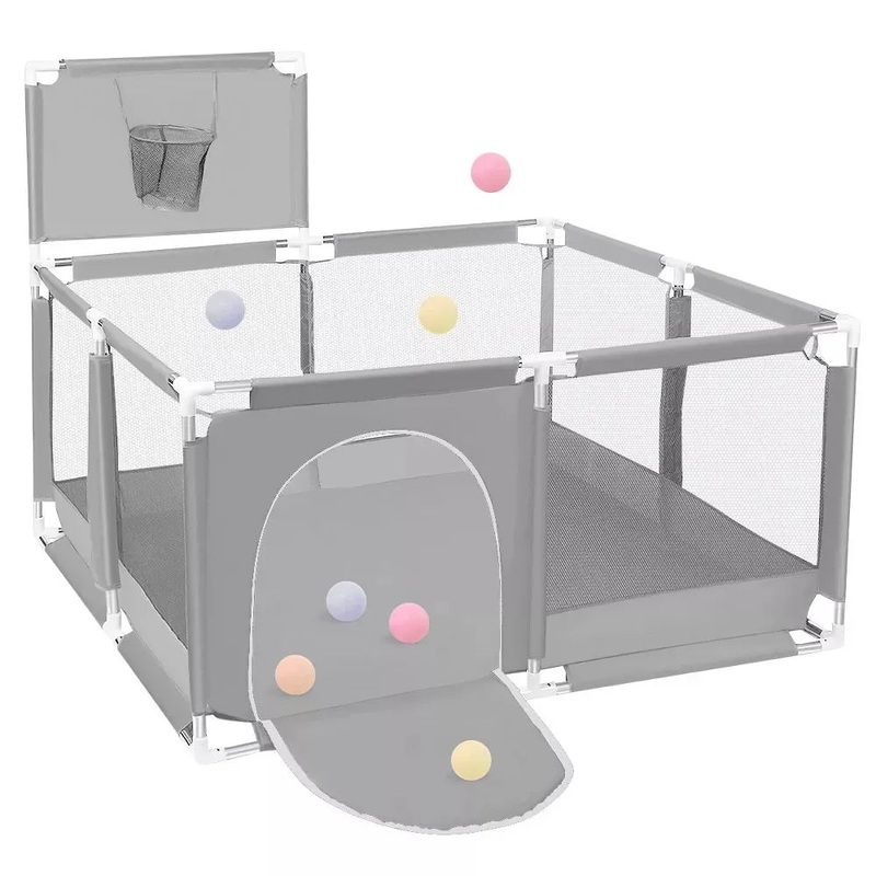 50″x50″ 4-Panel Baby Playpen with Basketball Hoop – Gray