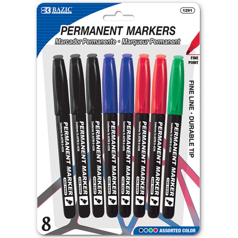 BAZIC Assorted Colors Fine Tip Permanent Markers w/ Pocket Clip (8/Pack)
