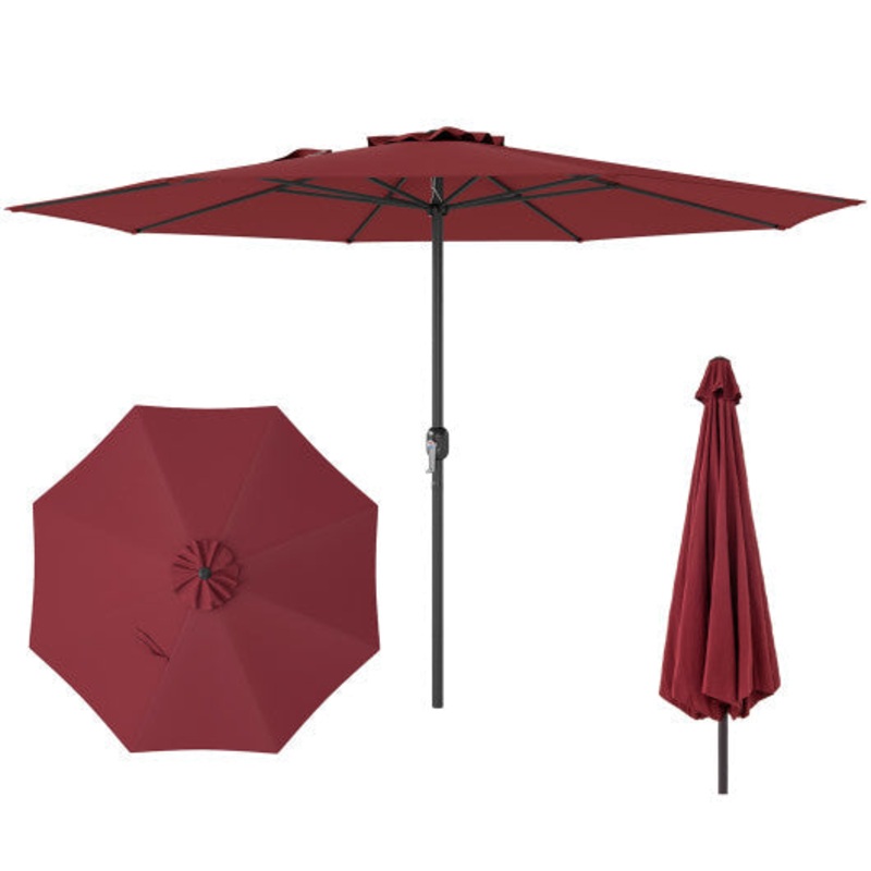 12 Feet Patio Umbrella With Crank Handle and 8 Sturdy Ribs-Red