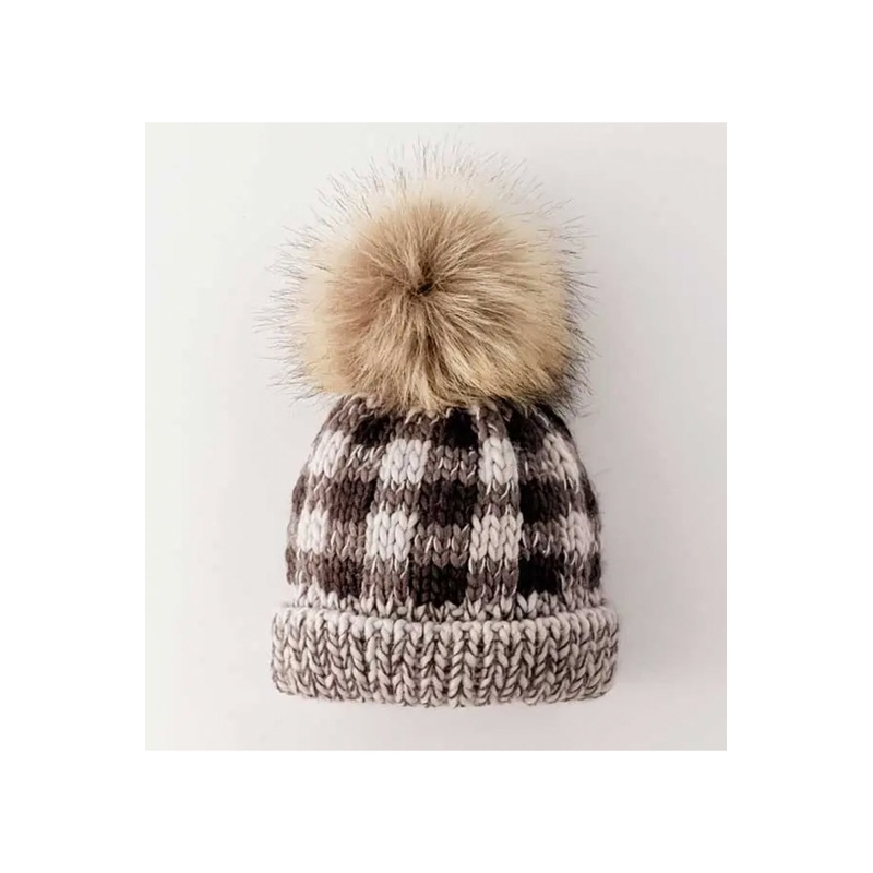 Huggalugs Grey Buffalo Check Pom Pom Beanie Hat
